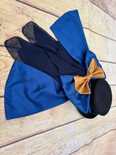 Load image into Gallery viewer, Navy blue hat band with gold bow and navy drape

