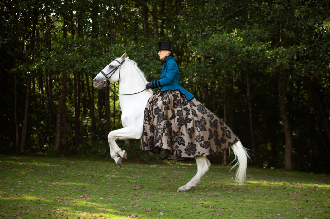Teal Jacket with Gold Jacquard skirt astride or sidesaddle