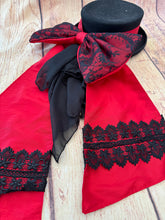 Load image into Gallery viewer, Red and black lace hat bow.
