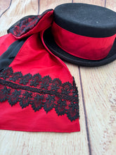 Load image into Gallery viewer, Red and black lace hat bow.
