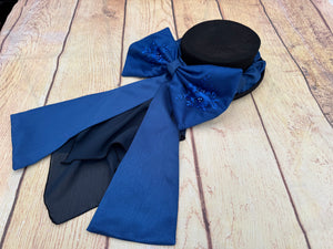 Blue satin bow with beaded lace