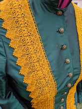 Load image into Gallery viewer, Reduced- Green taffeta skirt trimmed with gold lace
