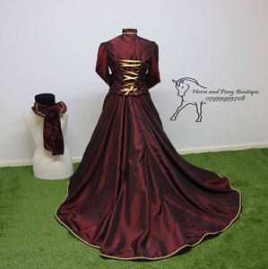 In hand Burgundy and gold taffeta concours d'elegance costume